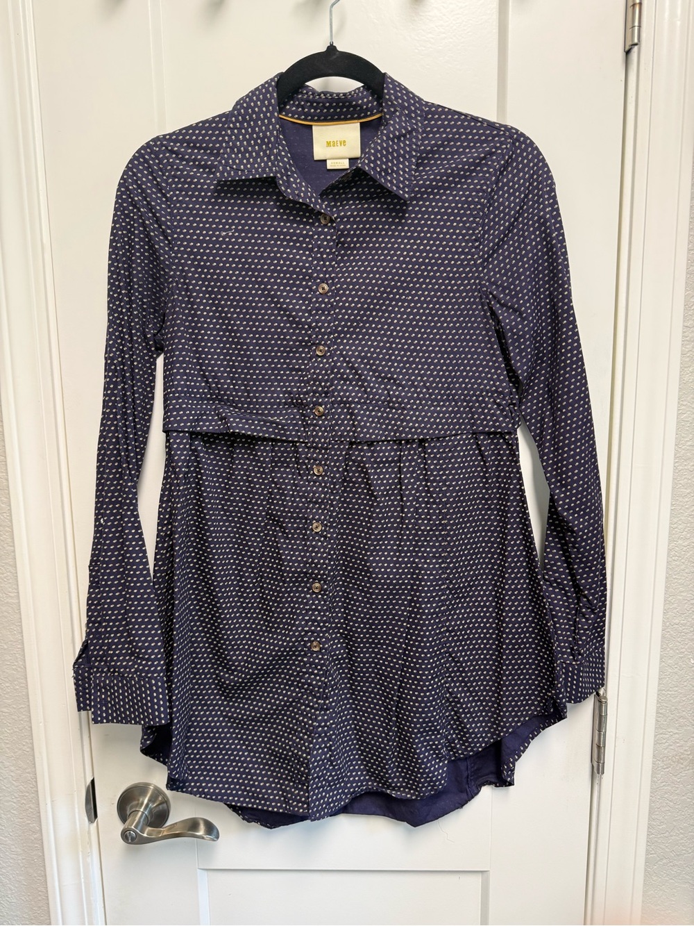 Anthropologie Maeve navy Button-Down Blouse with White & Gold Dot Motif